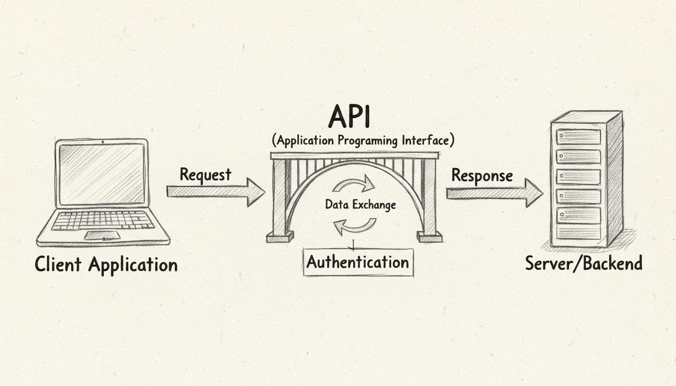 Diagrama desenhado à mão mostrando o fluxo de comunicação de API entre aplicativo cliente, ponte de API e servidor com setas de requisição e resposta