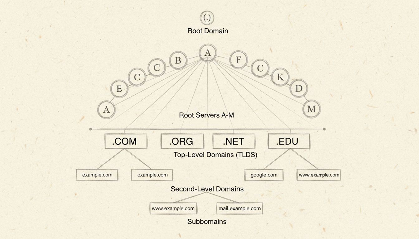 Estrutura da Hierarquia DNS mostrando domínio raiz, 13 servidores raiz, TLDs, domínios de segundo nível e subdomínios em uma estrutura em árvore
