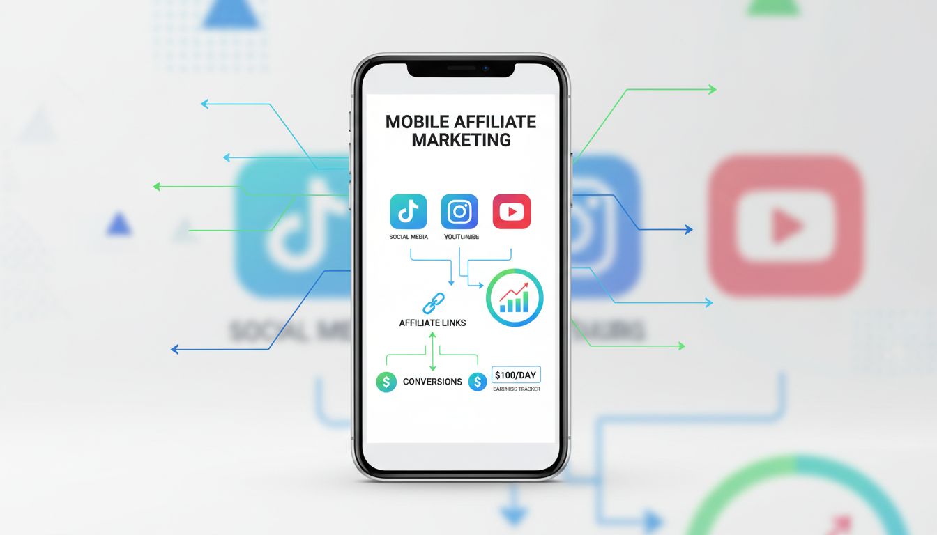 Fluxo de trabalho do marketing de afiliados mobile mostrando painel do smartphone com integração de redes sociais e rastreamento de ganhos