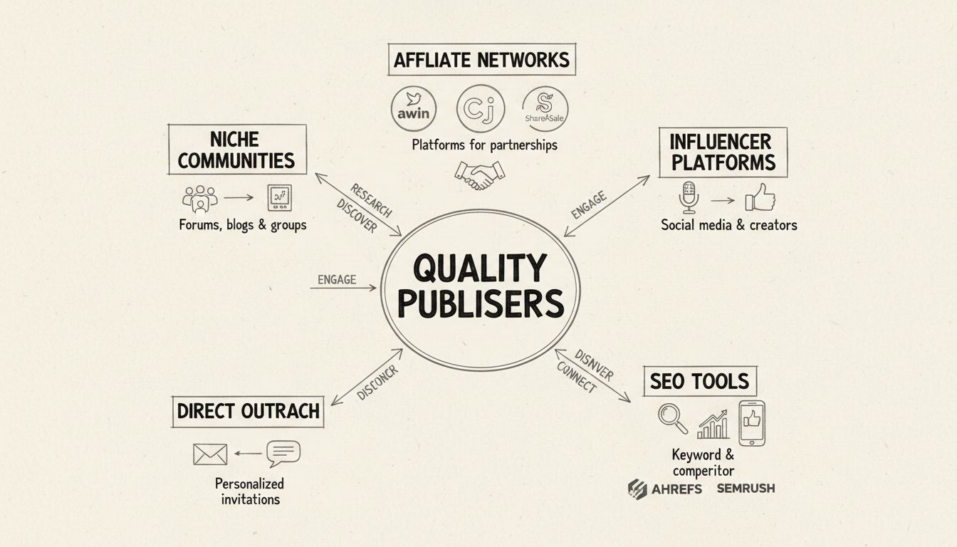 Diagrama desenhado à mão mostrando o processo de descoberta de publishers de marketing de afiliados com múltiplos canais, incluindo redes de afiliados, plataformas de influenciadores, ferramentas de SEO, prospecção direta e comunidades de nicho