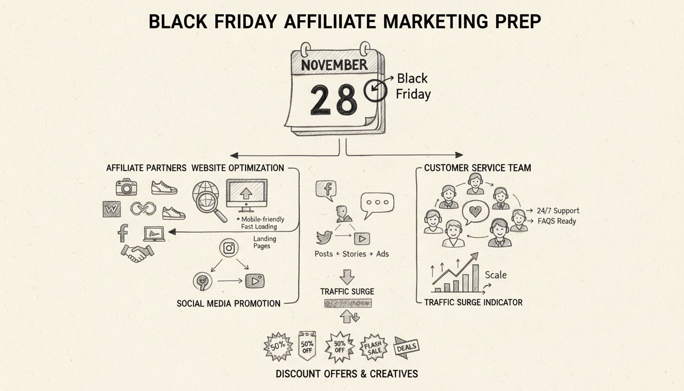 Checklist de preparação para marketing de afiliados na Black Friday com calendário, parceiros afiliados, otimização de site, promoção em redes sociais, atendimento ao cliente e indicadores de pico de tráfego