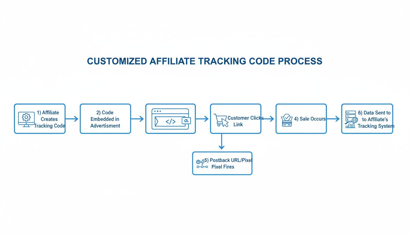 Diagrama de fluxo de códigos de rastreamento de afiliados personalizados mostrando como os códigos são criados, inseridos em anúncios e acionados quando ocorrem vendas