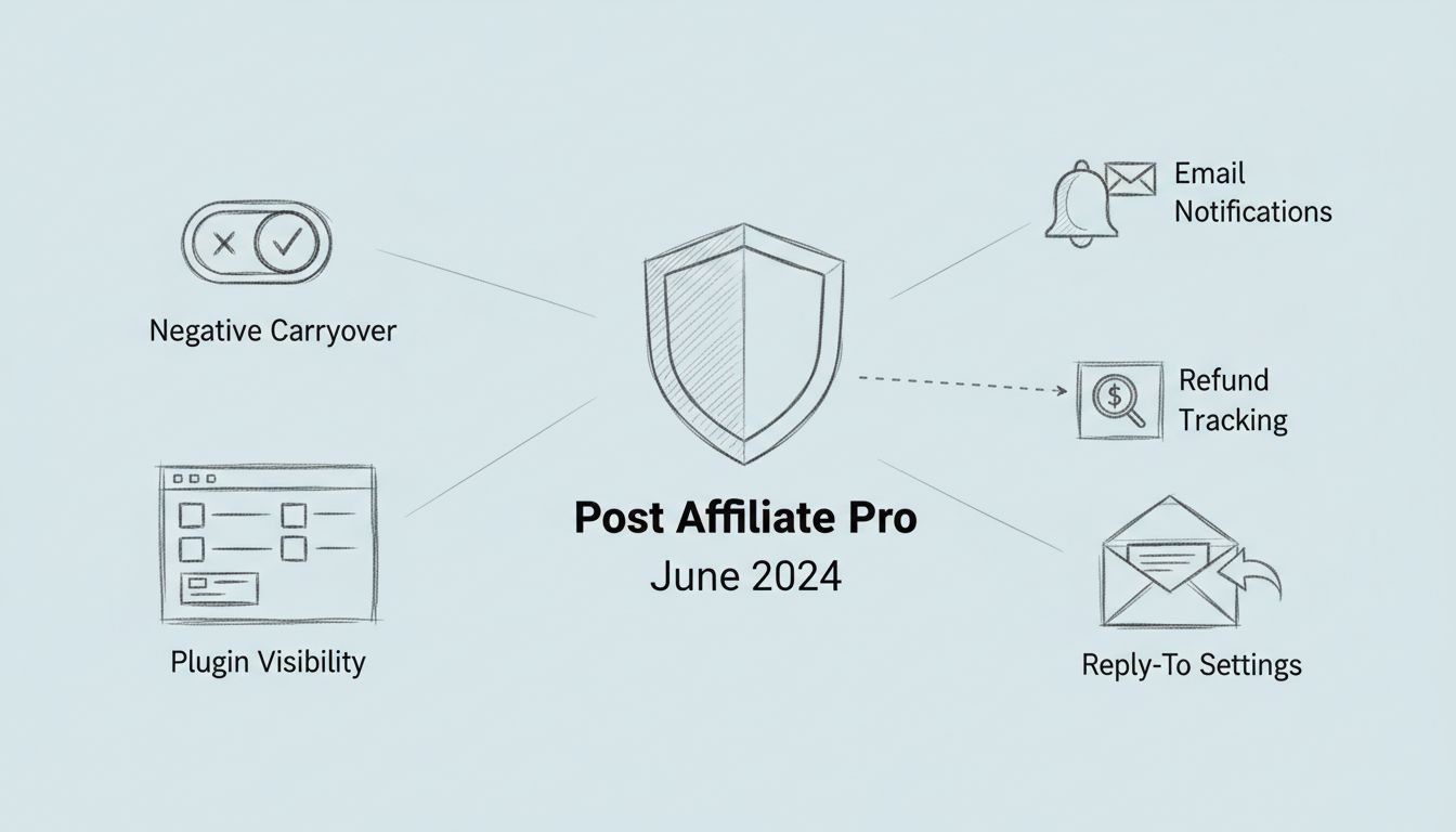 Diagrama das funcionalidades do Post Affiliate Pro Junho 2024 mostrando carryover negativo, visibilidade de plugins, notificações por e-mail, rastreamento de reembolsos e configurações de reply-to