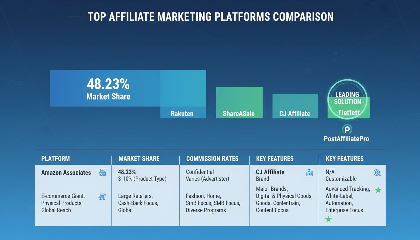 Comparação das principais plataformas de marketing de afiliados mostrando participação de mercado e recursos