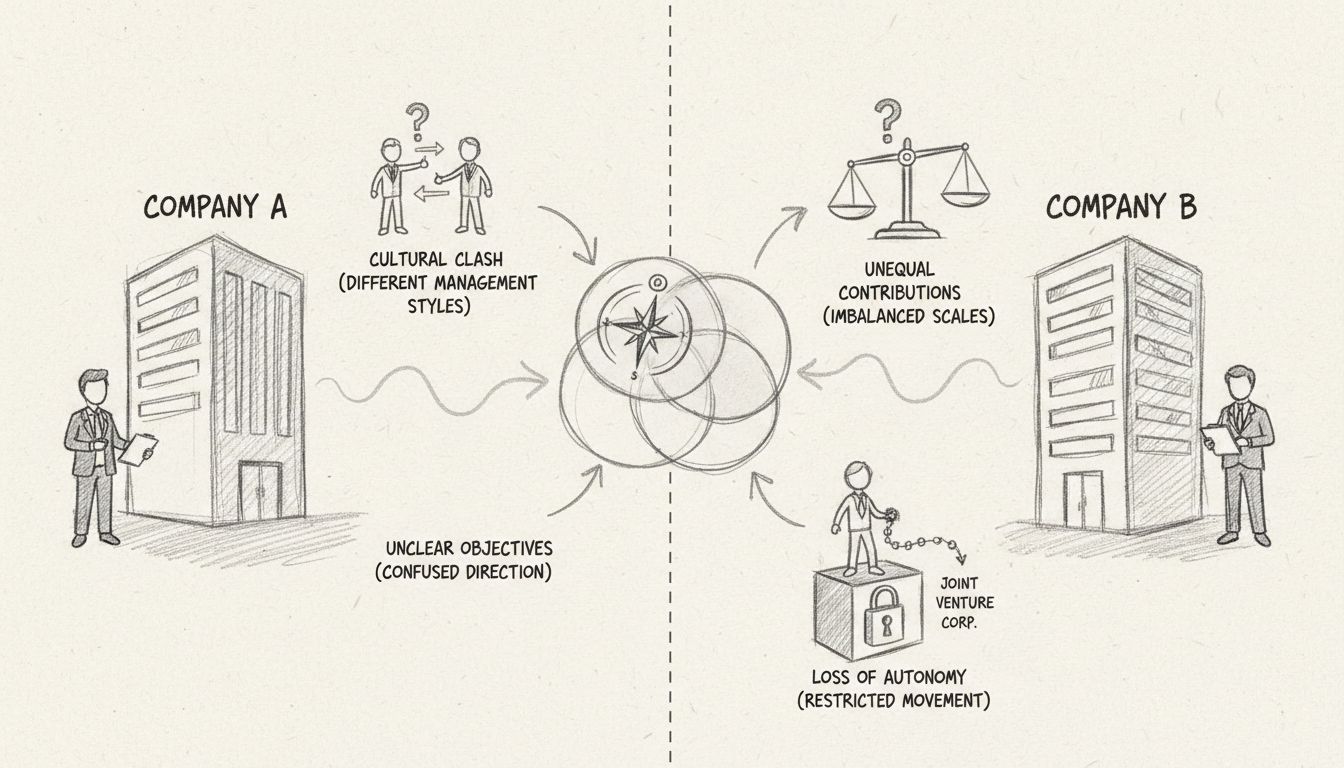 Diagrama feito à mão mostrando desvantagens de joint ventures, incluindo choque cultural, objetivos pouco claros, contribuições desiguais e perda de autonomia