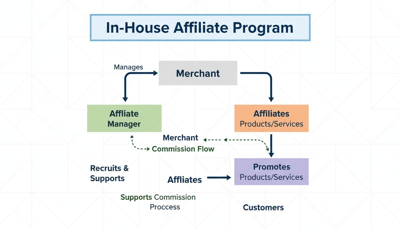 Diagrama de estrutura de programa de afiliados interno mostrando comerciante, gerente de afiliados, afiliados e clientes com fluxo de comissão