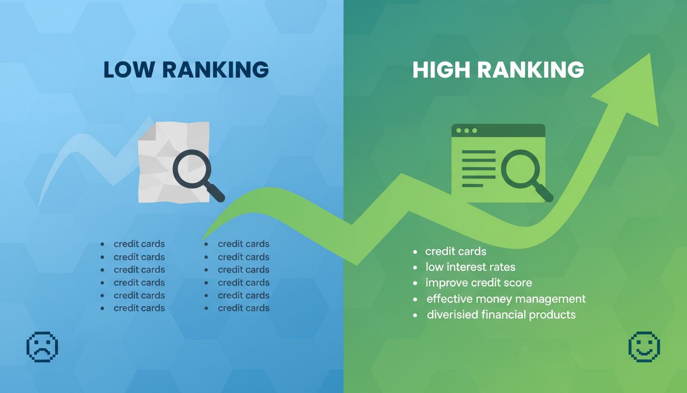 Comparação de melhoria de ranqueamento em SEO mostrando distribuição de palavras-chave semânticas versus repetição simples de palavra-chave