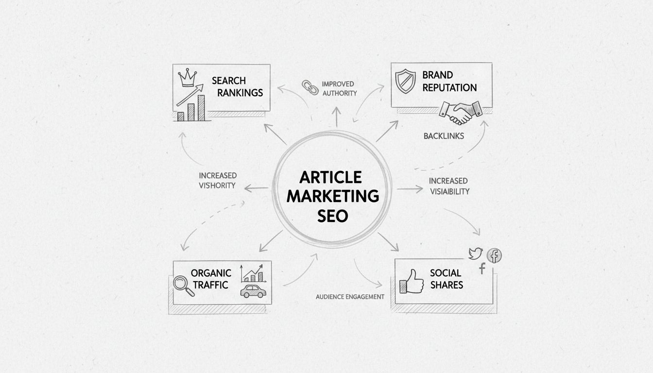 Diagrama desenhado à mão mostrando estratégia de SEO com marketing de artigos, conectando hub central a backlinks, reputação de marca, compartilhamentos sociais, tráfego orgânico e posicionamento em buscas