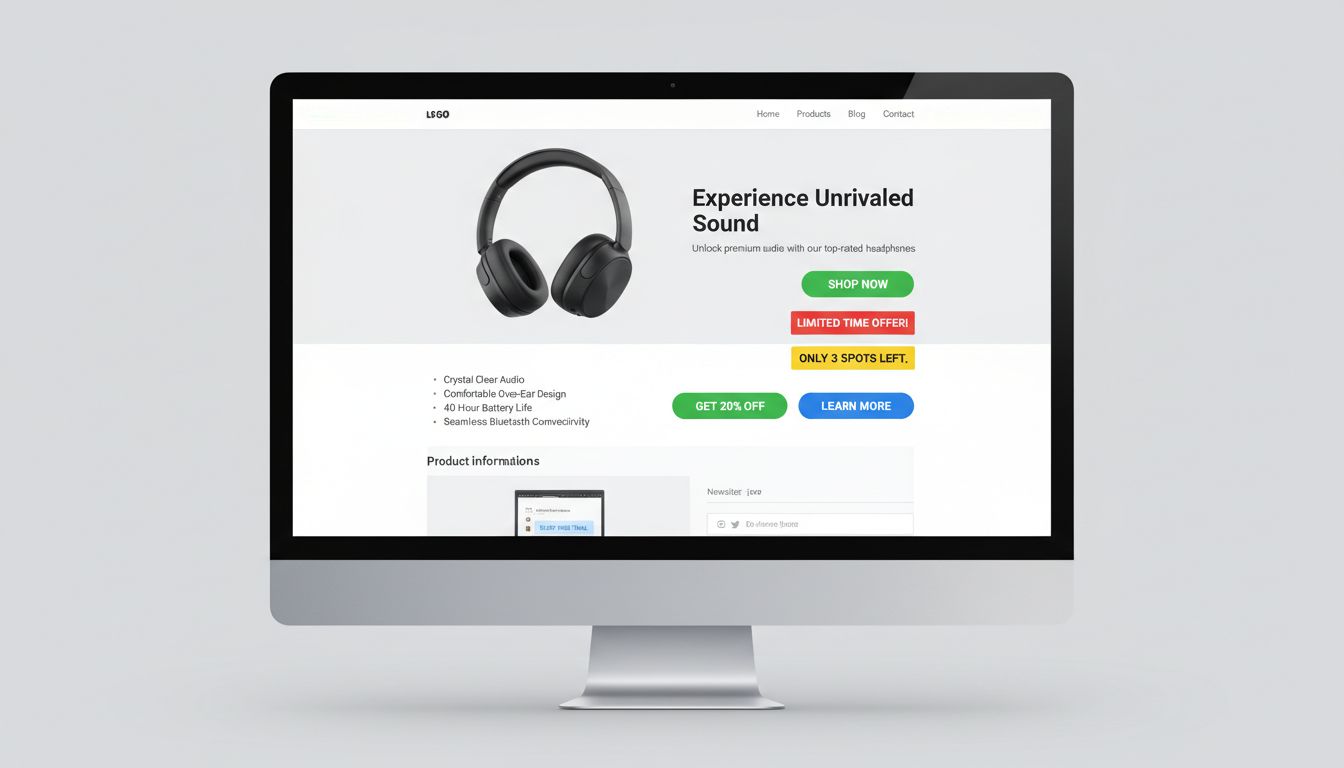 Landing page profissional de marketing de afiliados mostrando múltiplos exemplos de botões CTA com mensagens de urgência e posicionamento adequado