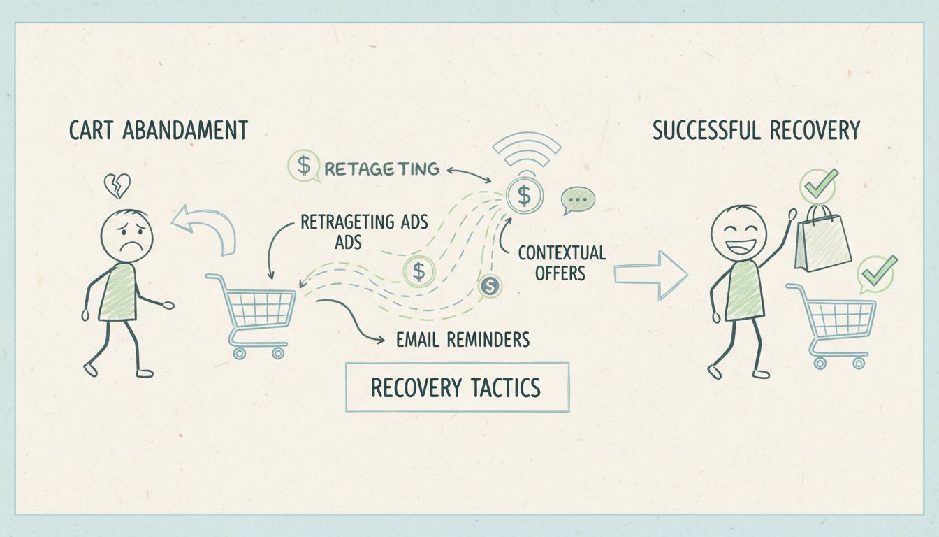 Abandoned cart recovery strategy diagram showing customer journey from abandonment through retargeting to successful purchase