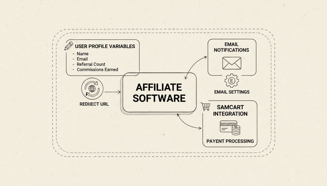 Diagrama técnico mostrando variáveis de perfil de usuário, notificações por e-mail e recursos de integração com Samcart em software de afiliados
