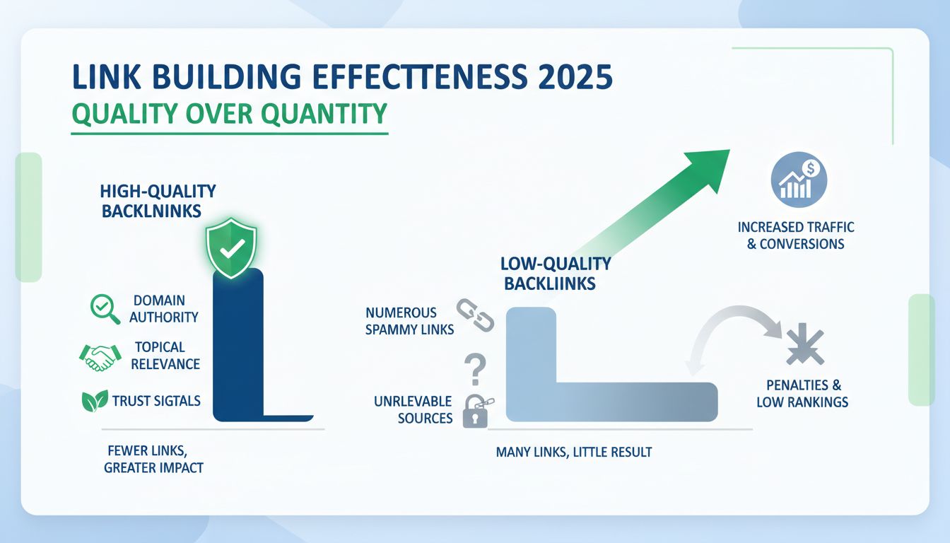 Comparação da eficácia da construção de links mostrando backlinks de qualidade versus quantidade com autoridade de domínio e sinais de confiança