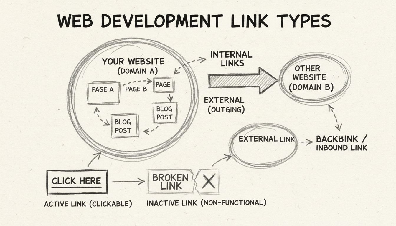 Diagrama desenhado à mão mostrando diferentes tipos de links como links internos, links externos, backlinks, links ativos e links inativos com setas direcionais