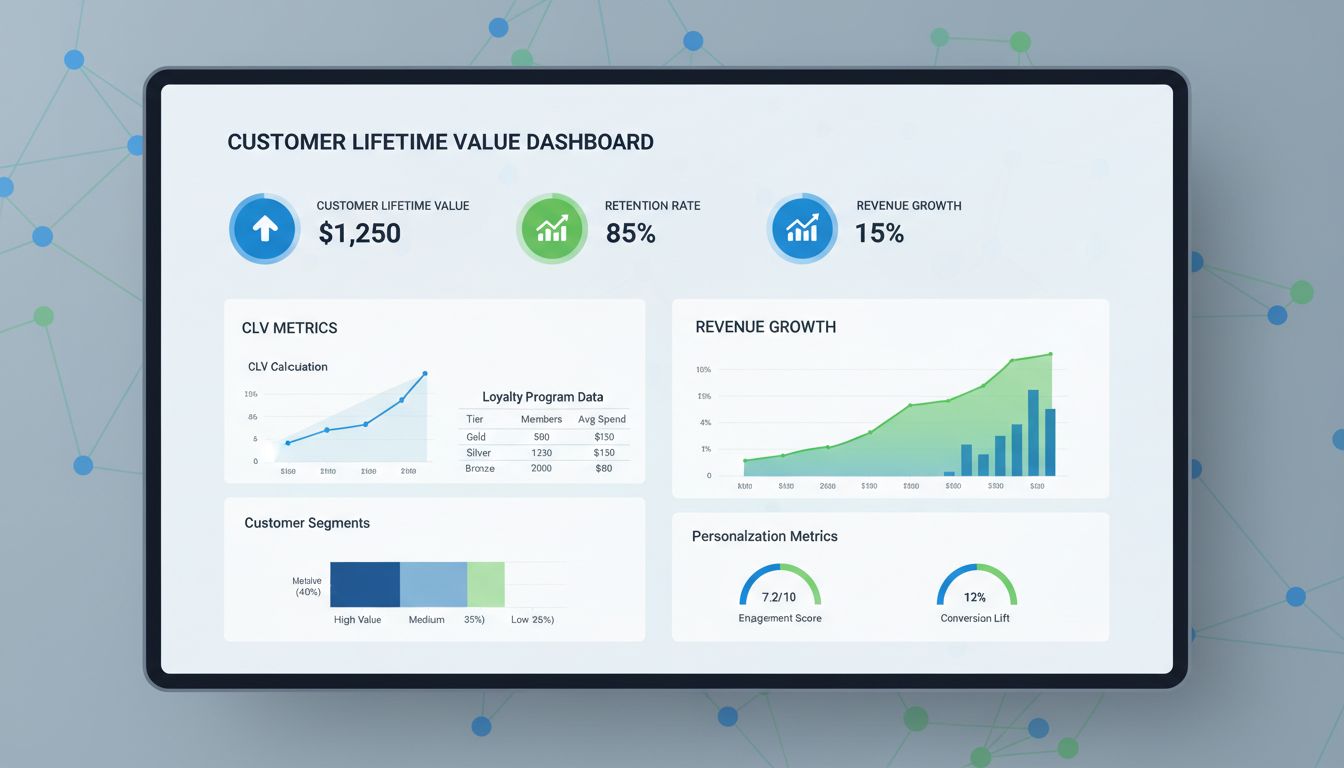 Painel de Valor do Tempo de Vida do Cliente mostrando métricas de CLV, taxas de retenção e análises de crescimento de receita
