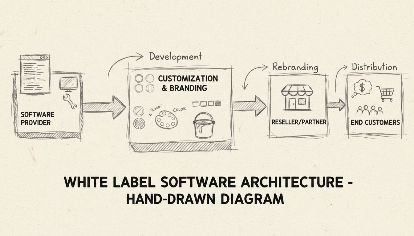 Diagrama da arquitetura de software white label mostrando fornecedor, customização e fluxo de trabalho do revendedor