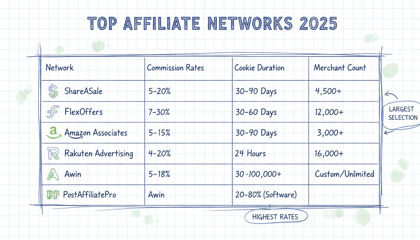 Gráfico comparativo das principais redes de afiliados mostrando taxas de comissão, duração do cookie e quantidade de anunciantes