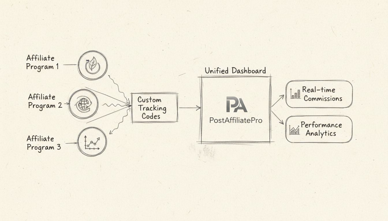 Diagrama do fluxo de trabalho de códigos de rastreamento de afiliados personalizados mostrando vários programas de afiliados consolidados no painel unificado do PostAffiliatePro com rastreamento de comissão em tempo real e análise de desempenho