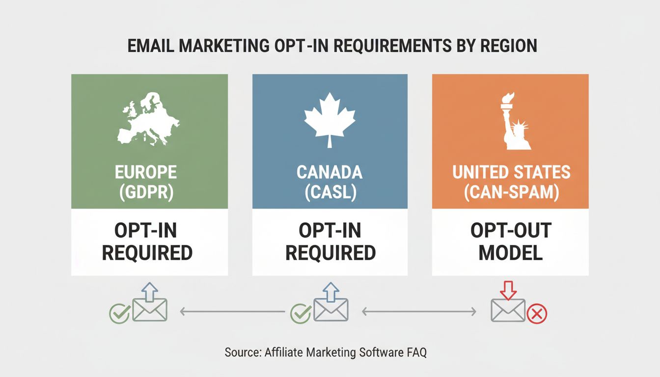 Requisitos de opt-in para marketing por e-mail por região: Europa GDPR opt-in obrigatório, Canadá CASL opt-in obrigatório, Estados Unidos CAN-SPAM modelo opt-out