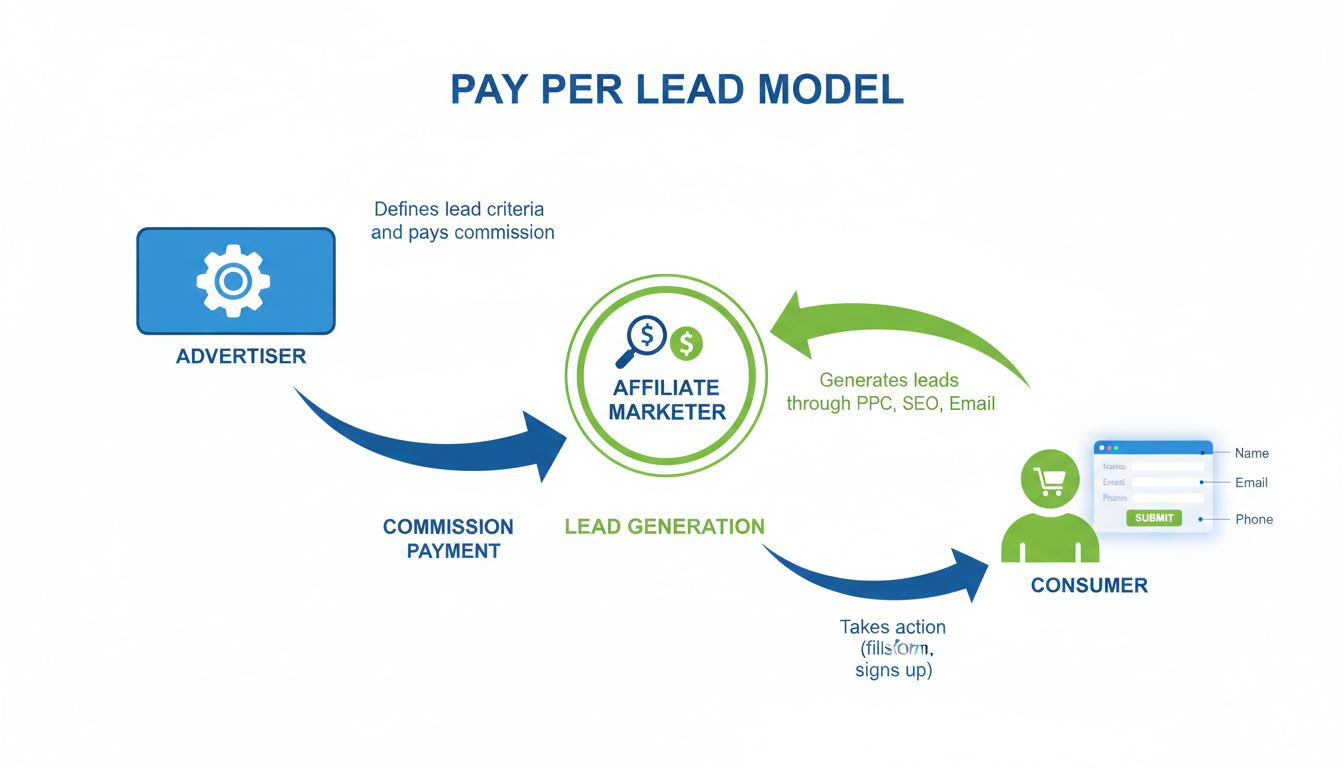 Diagrama do Fluxo de Marketing Pay Per Lead mostrando interação entre Anunciante, Afiliado e Consumidor