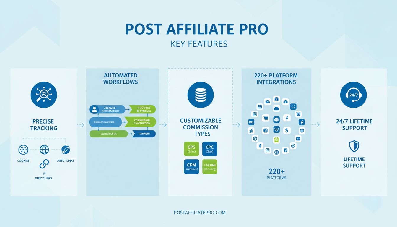 Infográfico dos principais recursos do Post Affiliate Pro mostrando métodos de rastreamento, automação, tipos de comissão, integrações e suporte