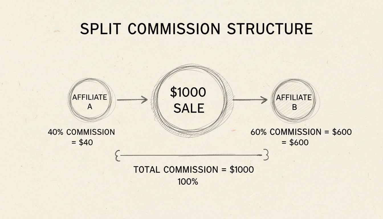 Diagrama desenhado à mão mostrando estrutura de comissão dividida com dois afiliados recebendo percentuais diferentes de uma venda