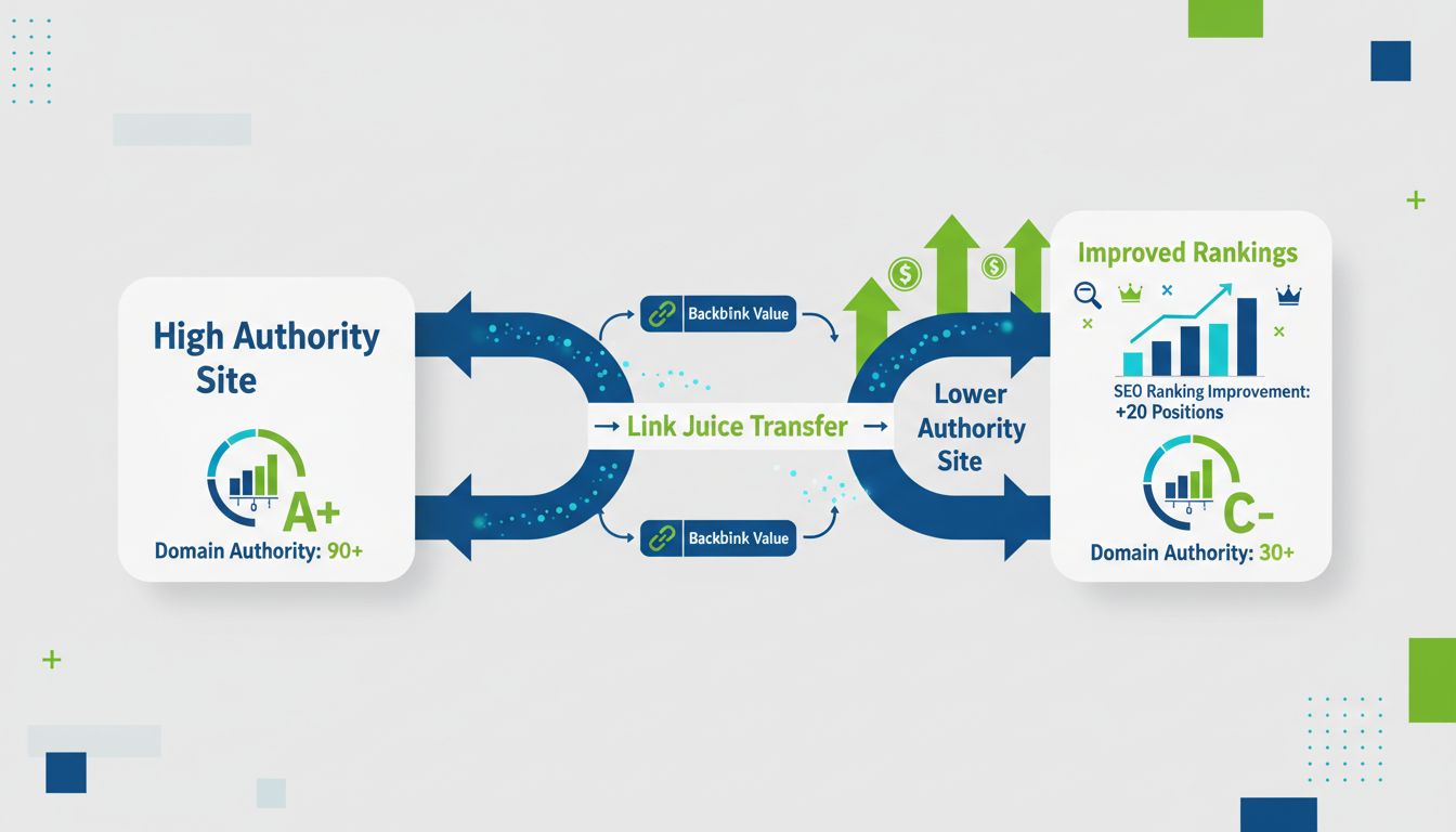 Diagrama do fluxo de link juice mostrando a transferência de autoridade entre sites de alta e baixa autoridade por meio de hyperlinks
