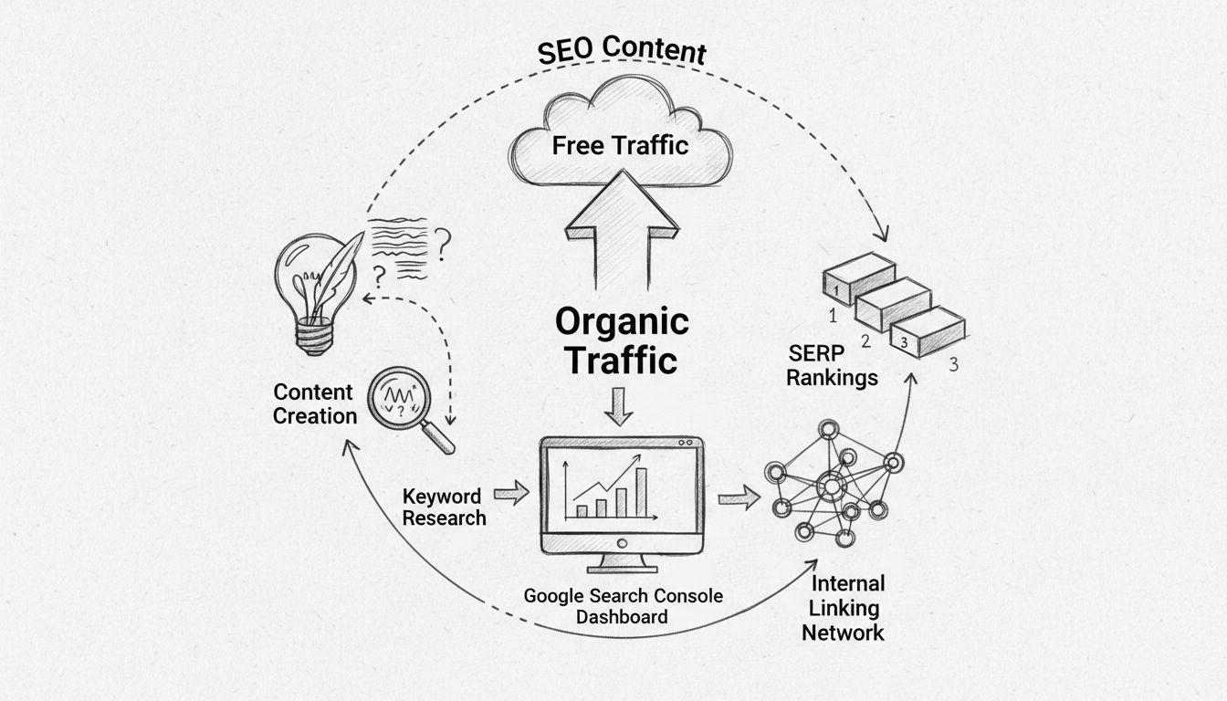 Diagrama de estratégia de conteúdo SEO mostrando fluxo de tráfego orgânico, pesquisa de palavras-chave, ranqueamento SERP e rede de links internos