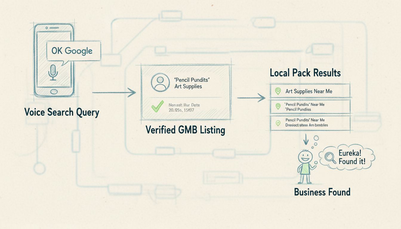 Processo de verificação do Google Meu Negócio para busca por voz mostrando smartphone com consulta por voz, ficha GMB verificada com selo, resultados do local pack e fluxo de descoberta do negócio