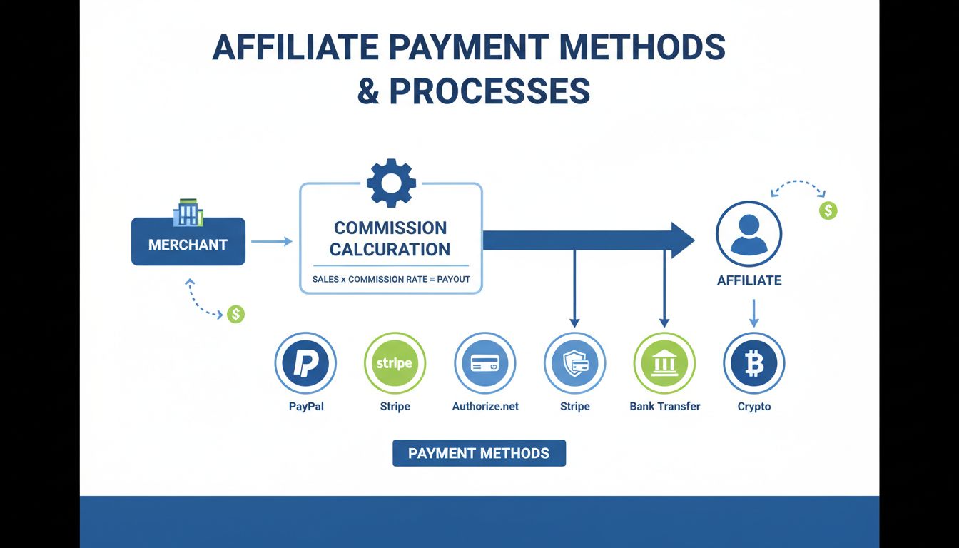 Infográfico de métodos de pagamento de afiliados mostrando PayPal, Stripe, Authorize.net, Transferência Bancária e opções de Criptomoeda com diagrama do fluxo de comissão