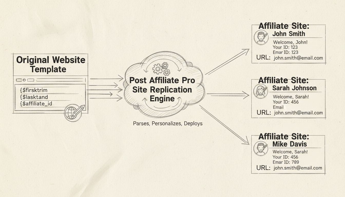 Diagrama do fluxo de replicação de sites mostrando variáveis de modelo sendo personalizadas para múltiplos afiliados