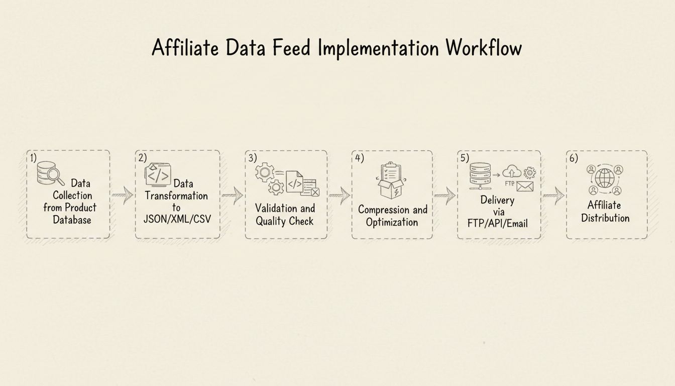 Diagrama do fluxo de implementação de feed de dados de afiliados mostrando coleta de dados, transformação, validação, compressão, entrega e distribuição