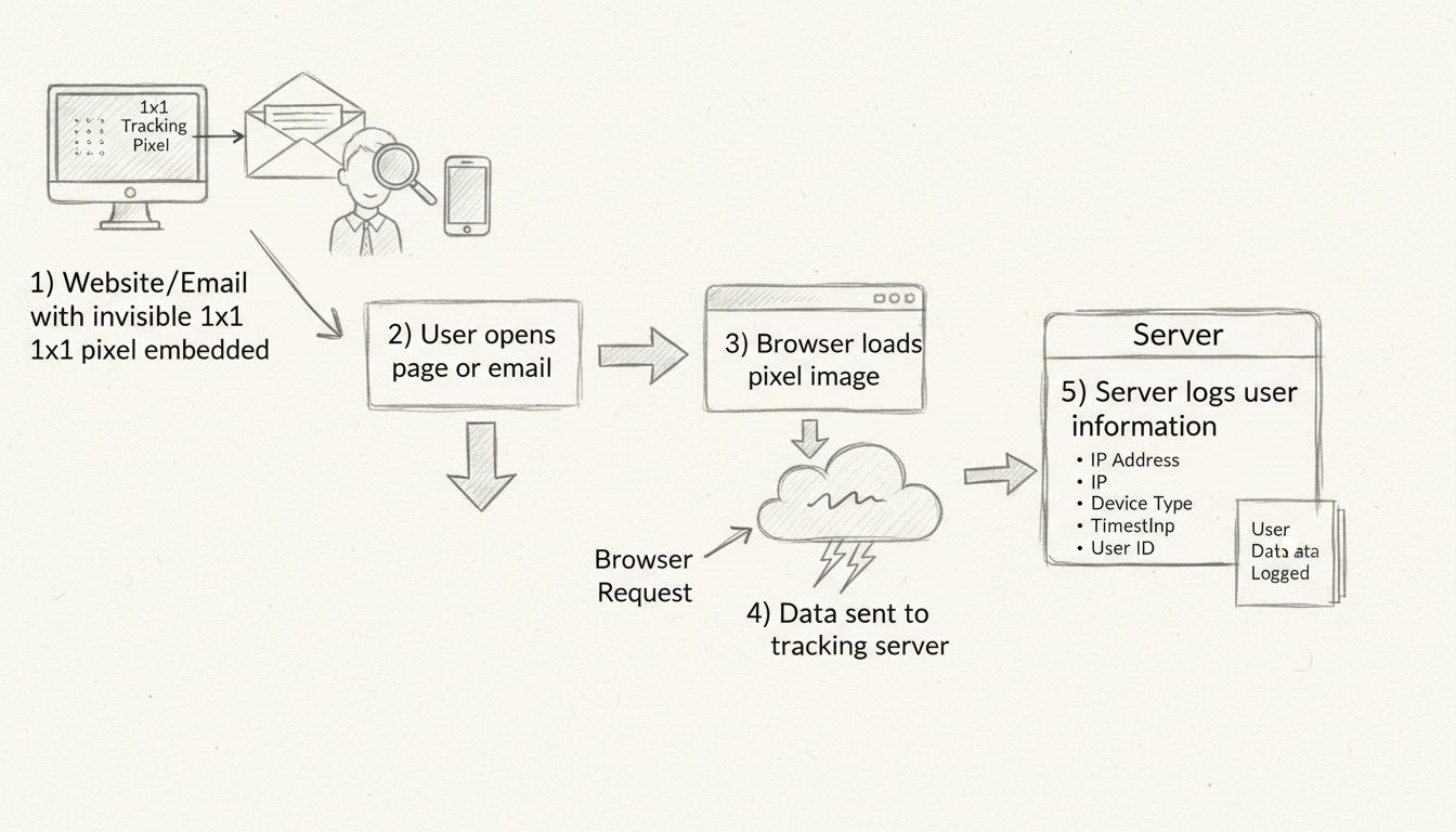Diagrama desenhado à mão mostrando o fluxo do pixel tracking do site ao servidor