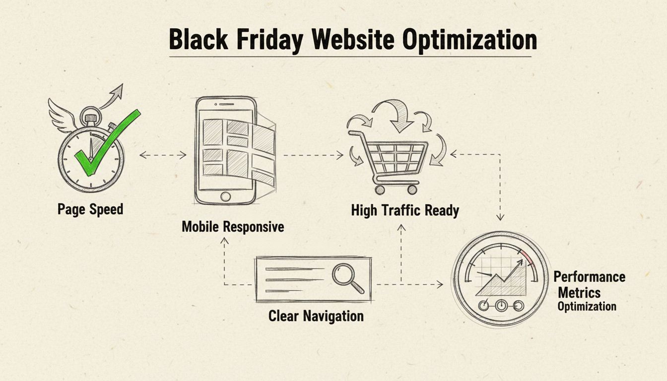 Diagrama de otimização de sites mostrando velocidade, responsividade mobile, navegação clara e preparação para alto tráfego na Black Friday