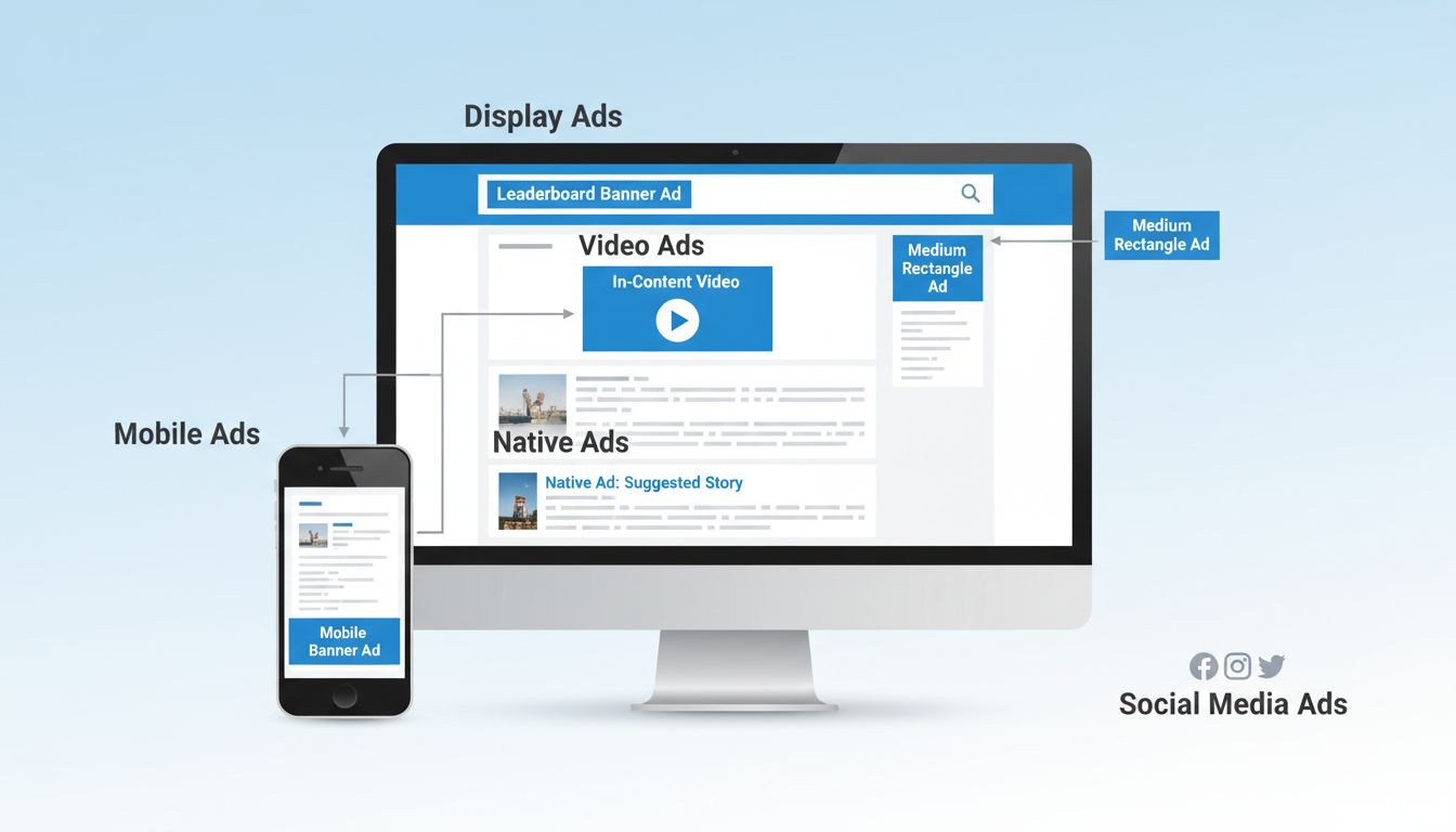 Diagrama dos tipos de placement de anúncios em marketing digital mostrando diferentes formatos de anúncios em layouts de site e mobile