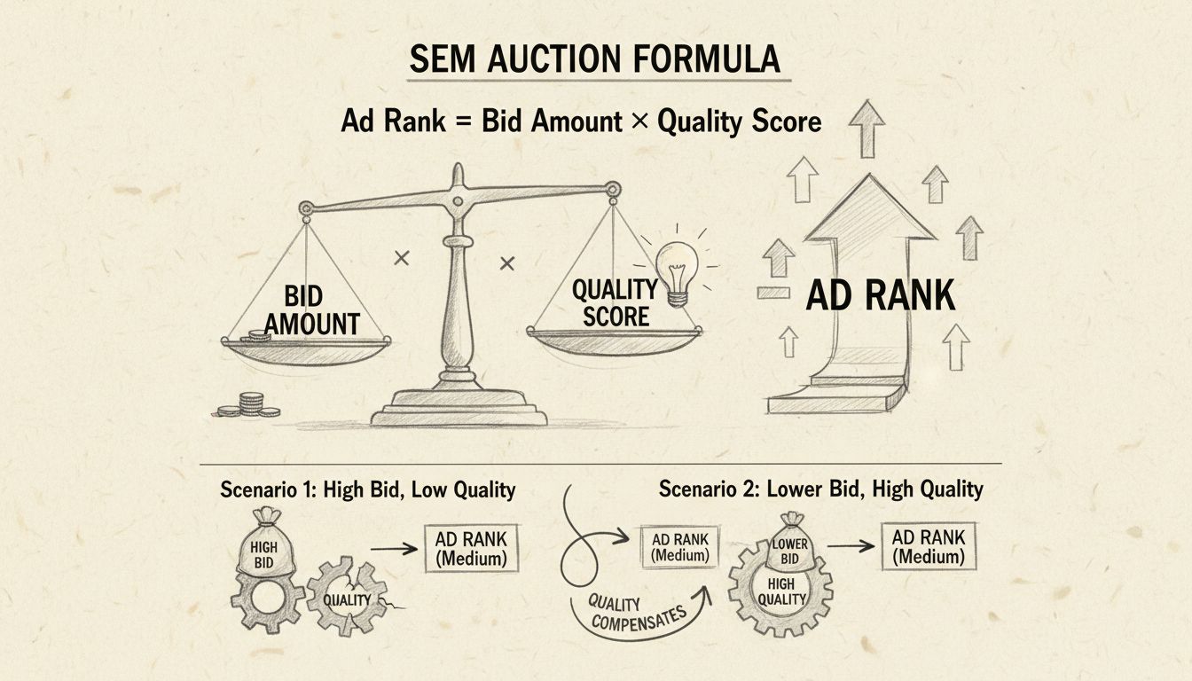 Diagrama da fórmula do leilão de SEM mostrando Ad Rank igual ao Valor do Lance vezes Índice de Qualidade com comparação em balança