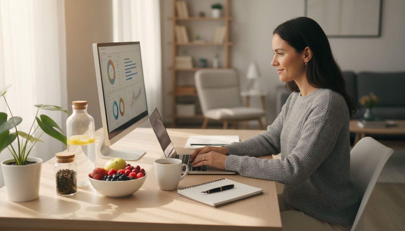 Afiliado de marketing produtivo em home office com elementos de estilo de vida saudável, incluindo garrafa de água, frutas frescas e espaço de trabalho organizado