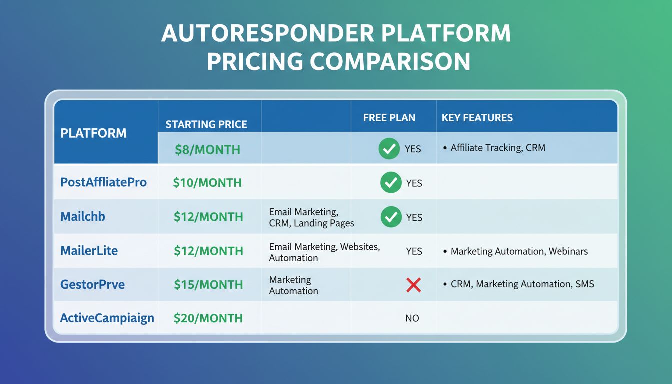 Gráfico comparativo de preços de autoresponders mostrando custos de R$35 a R$100 por mês para plataformas populares