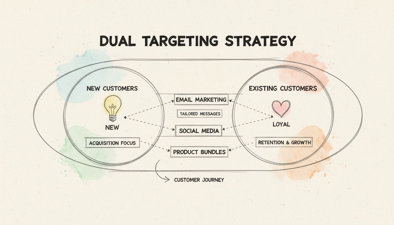 Diagrama desenhado à mão mostrando a estratégia de direcionamento duplo com segmentos de novos e atuais clientes, canais de marketing e pacotes de produtos