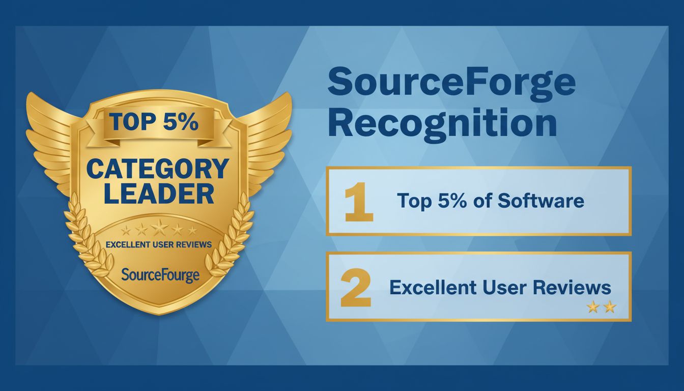 Selo do Prêmio SourceForge Category Leader - Reconhecimento Top 5% por Avaliações Excelentes de Usuários