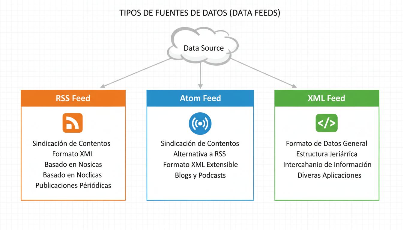 Diagrama mostrando três tipos de feeds de dados: feeds RSS, Atom e XML com suas características