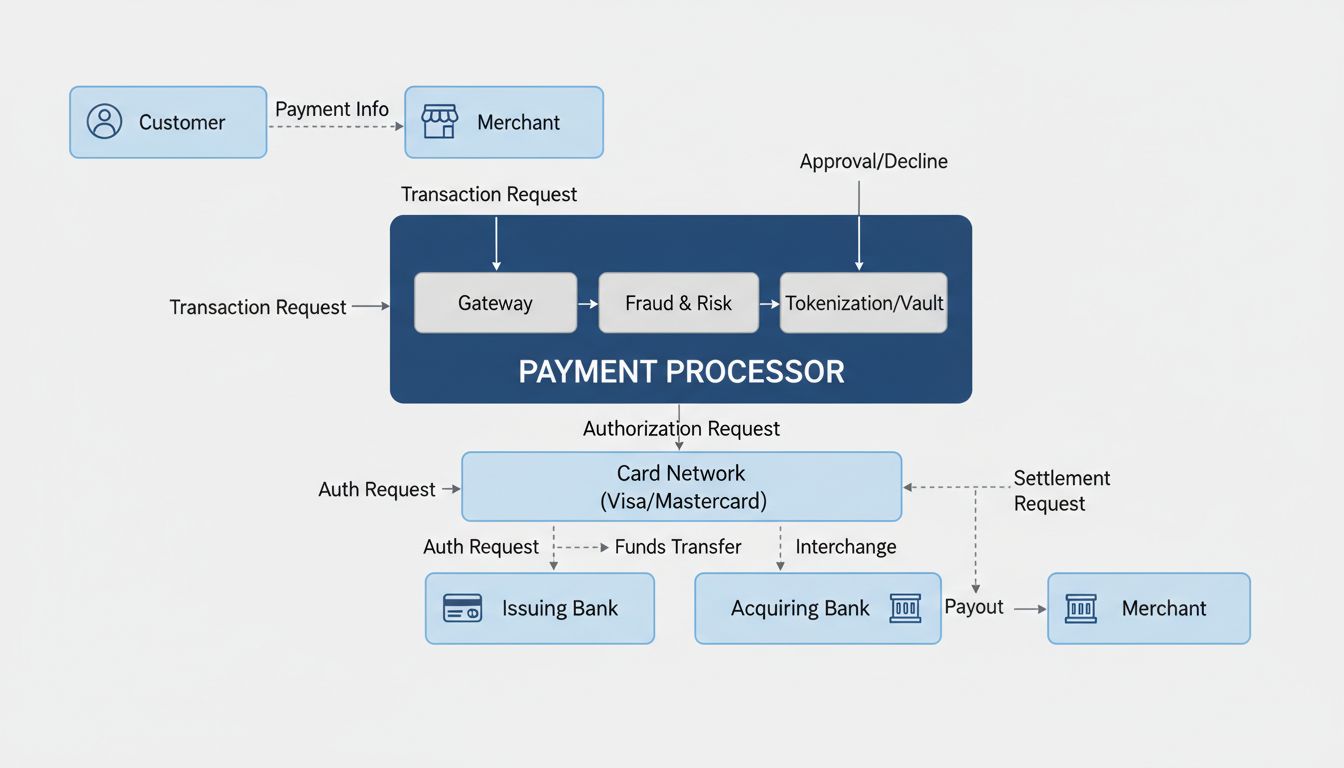 Diagrama do ecossistema de processadores de pagamento mostrando o fluxo entre cliente, comerciante, processador de pagamento, bandeiras de cartão, banco emissor e banco adquirente
