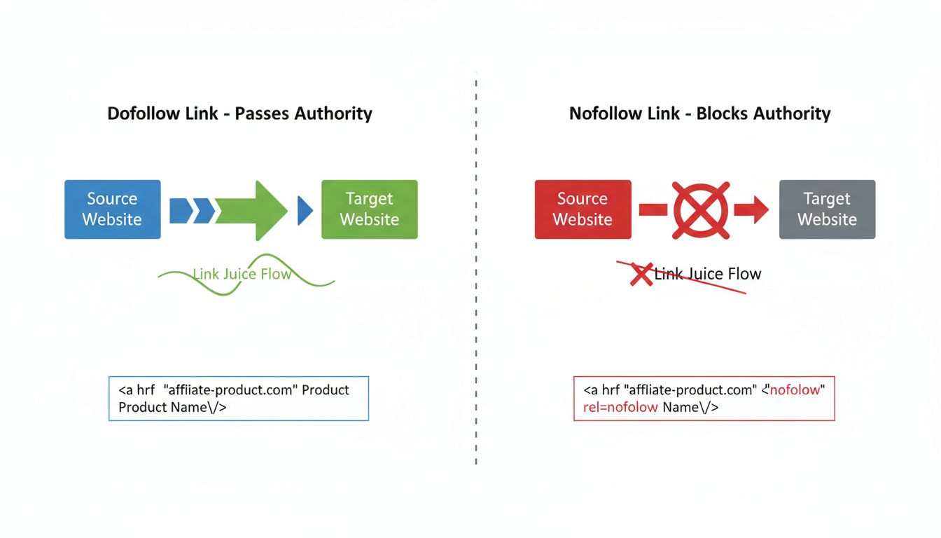 Diagrama técnico mostrando a diferença entre links nofollow e dofollow em marketing de afiliados, com seta verde para dofollow transmitindo autoridade e seta vermelha bloqueada para nofollow