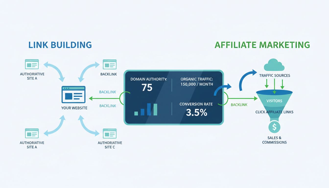Diagrama de conexão entre link building e marketing de afiliados mostrando backlinks, fluxo de tráfego e painel de métricas