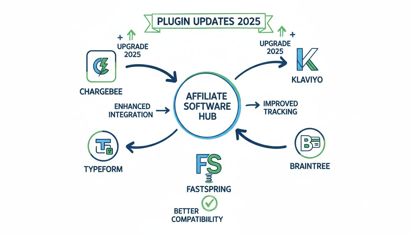 Diagrama do ecossistema de integração de plugins mostrando Chargebee, Typeform, Klaviyo, Braintree e FastSpring conectados ao hub de software de afiliados com setas de fluxo de dados e indicadores de atualização
