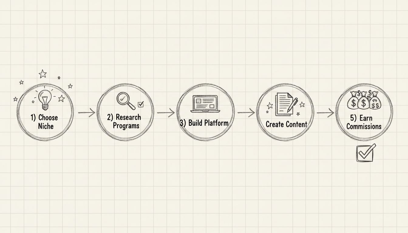 Fluxograma da jornada de um afiliado iniciante mostrando 5 etapas: Escolha do Nicho, Pesquisa de Programas, Construção da Plataforma, Criação de Conteúdo e Ganho de Comissões