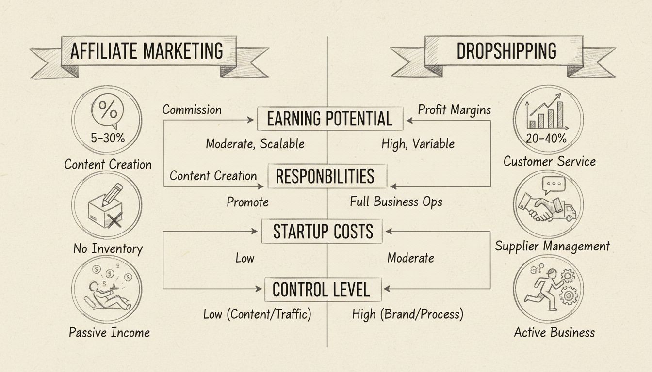 Diagrama comparativo desenhado à mão mostrando potencial de ganhos, responsabilidades e principais métricas do marketing de afiliados vs dropshipping