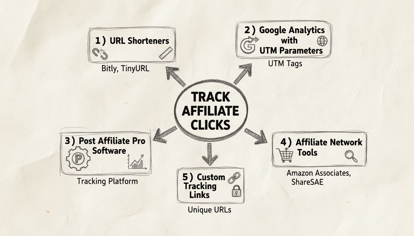 Diagrama de métodos de rastreamento de cliques de afiliados mostrando encurtadores de URL, Google Analytics, Post Affiliate Pro, redes de afiliados e soluções personalizadas de rastreamento