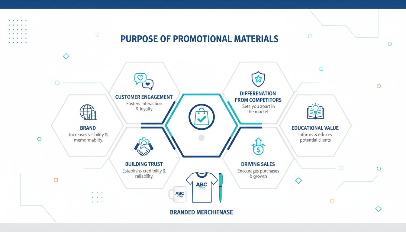 Infográfico mostrando o propósito dos materiais promocionais com benefícios principais incluindo reconhecimento de marca, engajamento do cliente, diferenciação, construção de confiança, impulsionamento de vendas e valor educacional