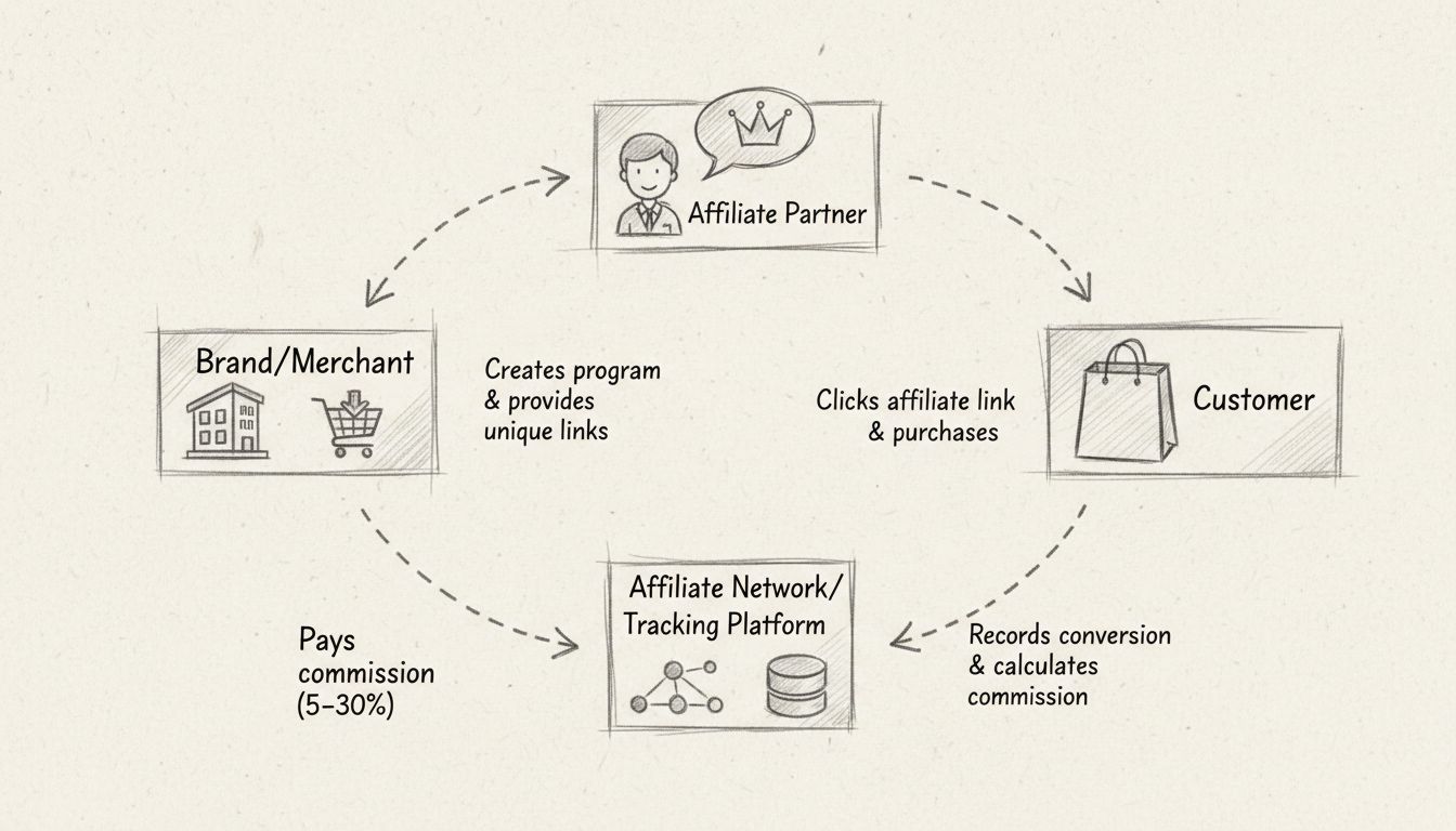 Diagrama do fluxo de trabalho do programa de parceiros afiliados mostrando o fluxo circular entre marca, parceiro afiliado, cliente e plataforma de rastreamento