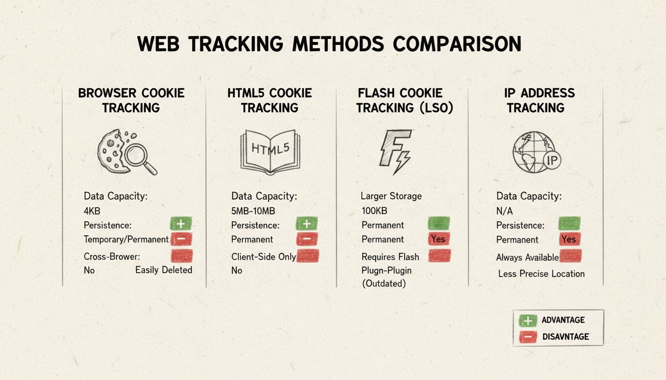 Diagrama comparativo de métodos de rastreamento mostrando cookies de navegador, armazenamento HTML5, cookies flash e rastreamento por endereço IP com capacidade de dados, persistência e recursos entre navegadores